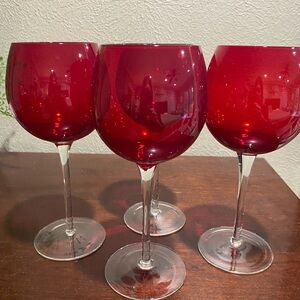 Set of 4, Ruby Red Balloon Style Wine Glasses with a Clear Stem
